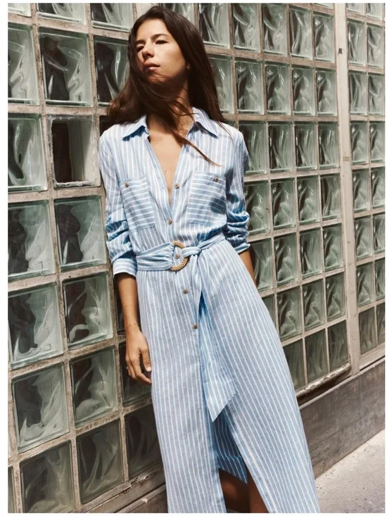 Zara Light Blue and White Striped Linen Blend Midi Shirt Dress - Picture 1 of 7